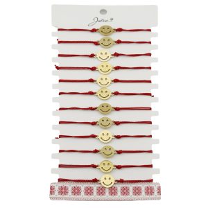 Bratara Martisor pentru Dama, Jolie, Model Smiley, Set 12 bucati, Pandativ din Inox Auriu, Snur Ajustabil Impletit, Rosu