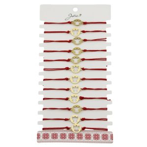 Bratara Martisor pentru Dama, Jolie, Model Inger, Set 12 bucati, Pandativ din Inox Auriu, Snur Ajustabil Impletit, Rosu
