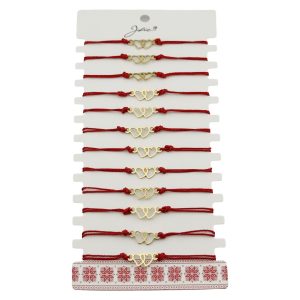 Bratara Martisor pentru Dama, Jolie, Model Inima, Set 12 bucati, Pandativ din Inox Auriu, Snur Ajustabil Impletit, Rosu