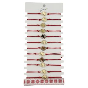 Bratara Martisor pentru Dama, Jolie, Model Trifoi cu Inima pe Petala, Set 12 bucati, Pandativ Auriu din Inox cu Snur Rosu Ajustabil
