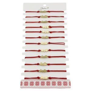 Bratara Martisor pentru Dama, Jolie, Model Familie, Set 12 bucati, Pandativ din Inox Auriu, Snur Ajustabil Impletit, Rosu