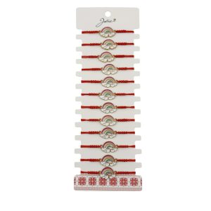Bratara Martisor pentru Dama, Jolie, Model Curcubeu cu  Inimi, Set 12 bucati, Pandativ din Inox Auriu, Snur Ajustabil Impletit, Rosu