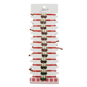 Martisor Bratara pentru Dama si Copii, Jolie, Model Cirese cu Fundita si Sclipici, Set 12 bucati, Pandantiv Emailat, Snur Reglabil, Rosu/Alb