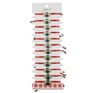 Martisor Bratara pentru Dama si Copii, Jolie, Model Bufnita Inteleapta cu Inimioara, Set 12 bucati, Pandantiv Emailat, Snur Reglabil, Rosu/Multicolor