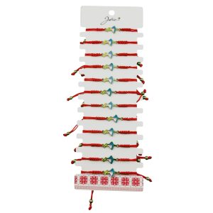 Martisor Bratara pentru Dama si Copii, Jolie, Model Fetita cu Pasare, Set 12 bucati, Pandantiv Emailat, Snur Reglabil, Rosu/Multicolor