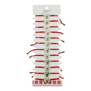 Martisor Bratara pentru Dama si Copii, Jolie, Model Gradina Magica cu Lacramioare si Fluture, Set 12 bucati, Pandantiv Emailat, Snur Reglabil, Rosu/Alb