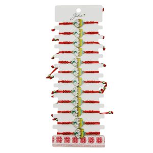 Martisor Bratara pentru Dama si Copii, Jolie, Model Peisaj Natura si Munte, Set 12 bucati, Pandantiv Emailat Rotund, Snur Reglabil, Rosu