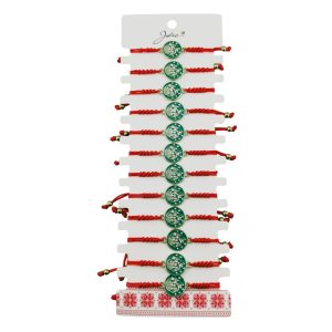 Martisor Bratara pentru Dama si Copii, Jolie, Model Lacramioare de Primavara, Set 12 bucati, Pandantiv Emailat Rotund, Snur Reglabil, Rosu/Verde
