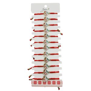 Martisor Bratara pentru Dama si Copii, Jolie, Model Inima cu Flori de Primavara, Set 12 bucati, Pandantiv Emailat, Snur Reglabil, Rosu/Multicolor