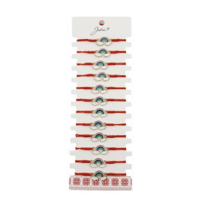 Bratara Martisor pentru Dama, Jolie, Model Curcubeu cu Nori, Set 12 bucati, Pandativ din Inox Auriu, Snur Ajustabil Impletit, Rosu