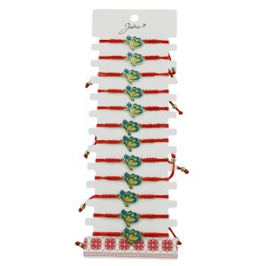 Martisor Bratara pentru Dama si Copii, Jolie, Model Fluture Albastru cu Galben, Set 12 bucati, Pandantiv Emailat, Snur Reglabil, Rosu