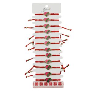 Martisor Bratara pentru Dama si Copii, Jolie, Model Inima cu Curcubeu Roz, Set 12 bucati, Pandantiv Emailat, Snur Reglabil, Rosu