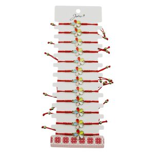 Martisor Bratara pentru Dama si Copii, Jolie, Model Floare Multicolora, Set 12 bucati, Pandantiv Emailat, Snur Reglabil, Rosu