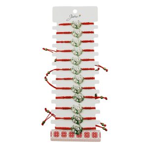 Martisor Bratara pentru Dama si Copii, Jolie, Model Iepuras pe Semiluna cu Flori, Set 12 bucati, Pandantiv Emailat, Snur Reglabil, Rosu/Multicolor