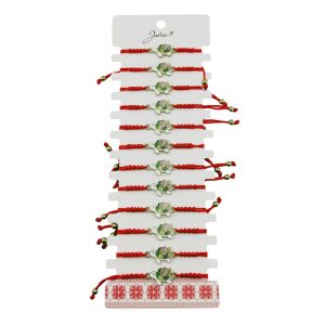 Martisor Bratara pentru Dama si Copii, Jolie, Model Broscuta Testoasa cu Carapace Florala, Set 12 bucati, Pandantiv Emailat, Snur Reglabil, Rosu/Verde