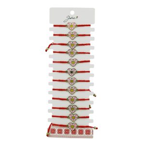 Martisor Bratara pentru Dama si Copii, Jolie, Model Inima cu Raze Roz si Galben, Set 12 bucati, Pandantiv Emailat, Snur Reglabil, Rosu