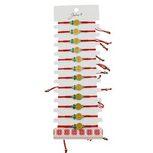 Martisor Bratara pentru Dama si Copii, Jolie, Model Floare cu Nasturel, Set 12 bucati, Pandantiv Emailat, Snur Reglabil, Portocaliu/Verde