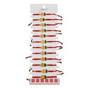 Martisor Bratara pentru Dama si Copii, Jolie, Model Floricica Zambitoare, Set 12 bucati, Pandantiv Emailat, Snur Reglabil, Rosu/Portocaliu