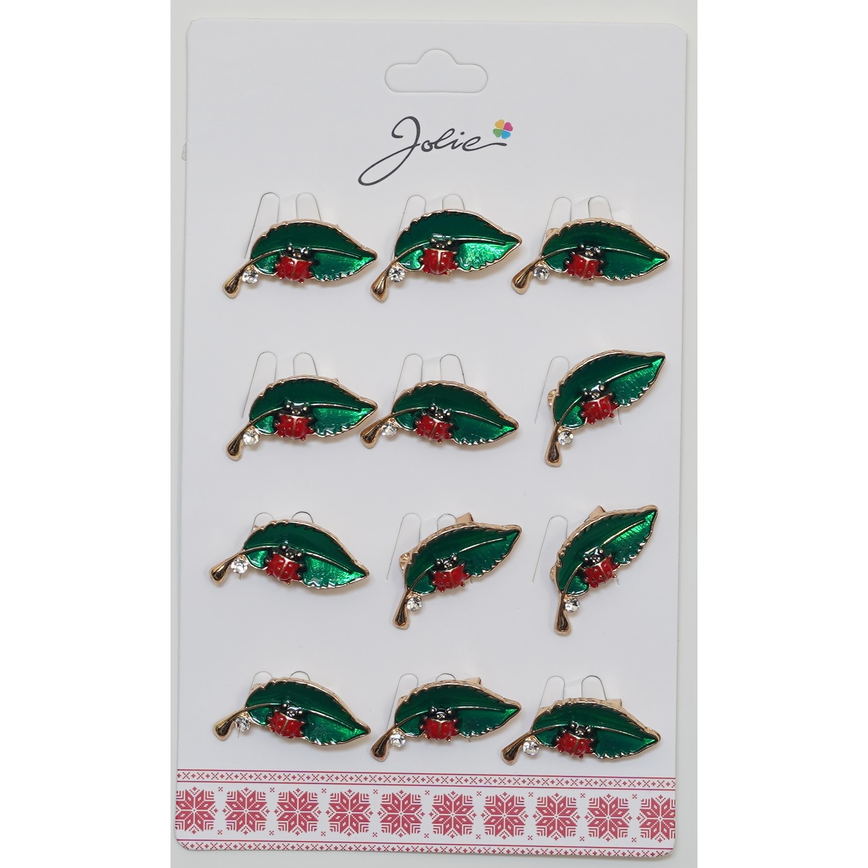 Brose Martisor, Jolie, Set 12 Bucati, Model Primavara Buburuza pe Frunza, Brose din Metal, Aspect Lacuit, Multicolor