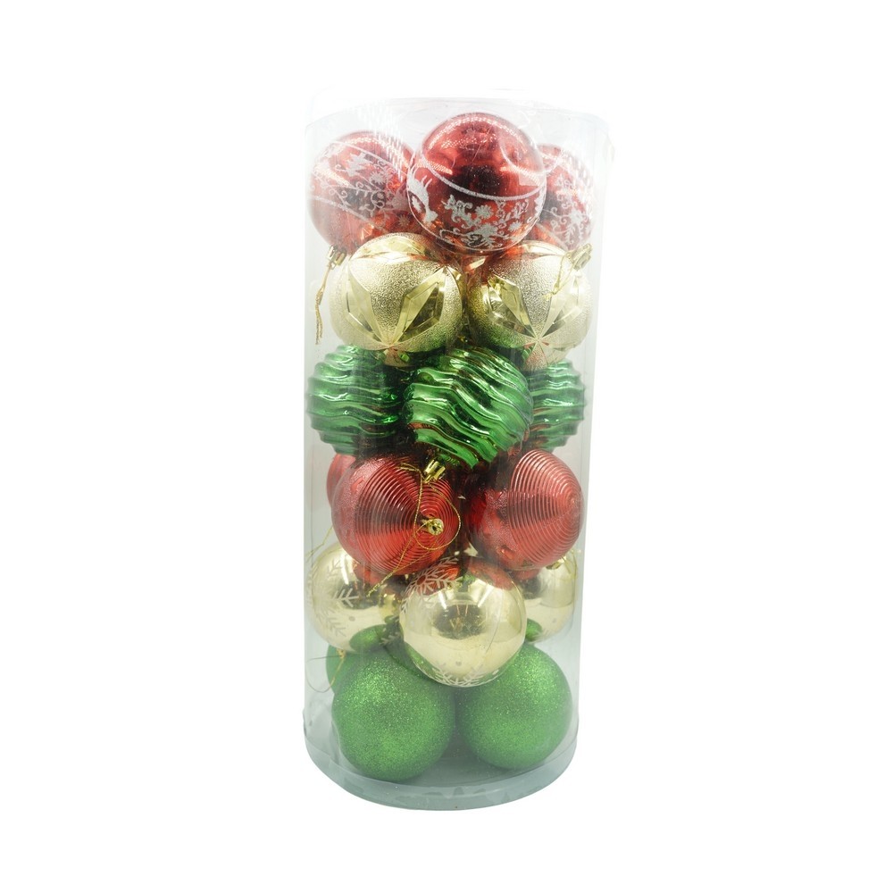 Set de 24 ornamente de brad, Flippy, de tip Glob, Multicolor, cu ø de 8 cm, din plastic, cu finisaj sclipitor , cutie 19 cm lungime x 42 cm inaltime x 19 cm adancime