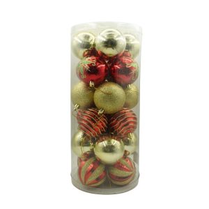 Set de 24 ornamente de brad, Flippy, de tip Glob, Rosu/ Auriu, cu ø de 7 cm, din plastic, cu finisaj sclipitor , cutie 16 cm lungime x 36 cm inaltime x 16 cm adancime