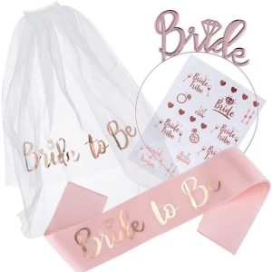 Set de Accesorii pentru Mireasa, Flippy, Coronita, Panglica, Stickere, Voal, Model Bride To Be, Tematica Nunta, Alb-Roz