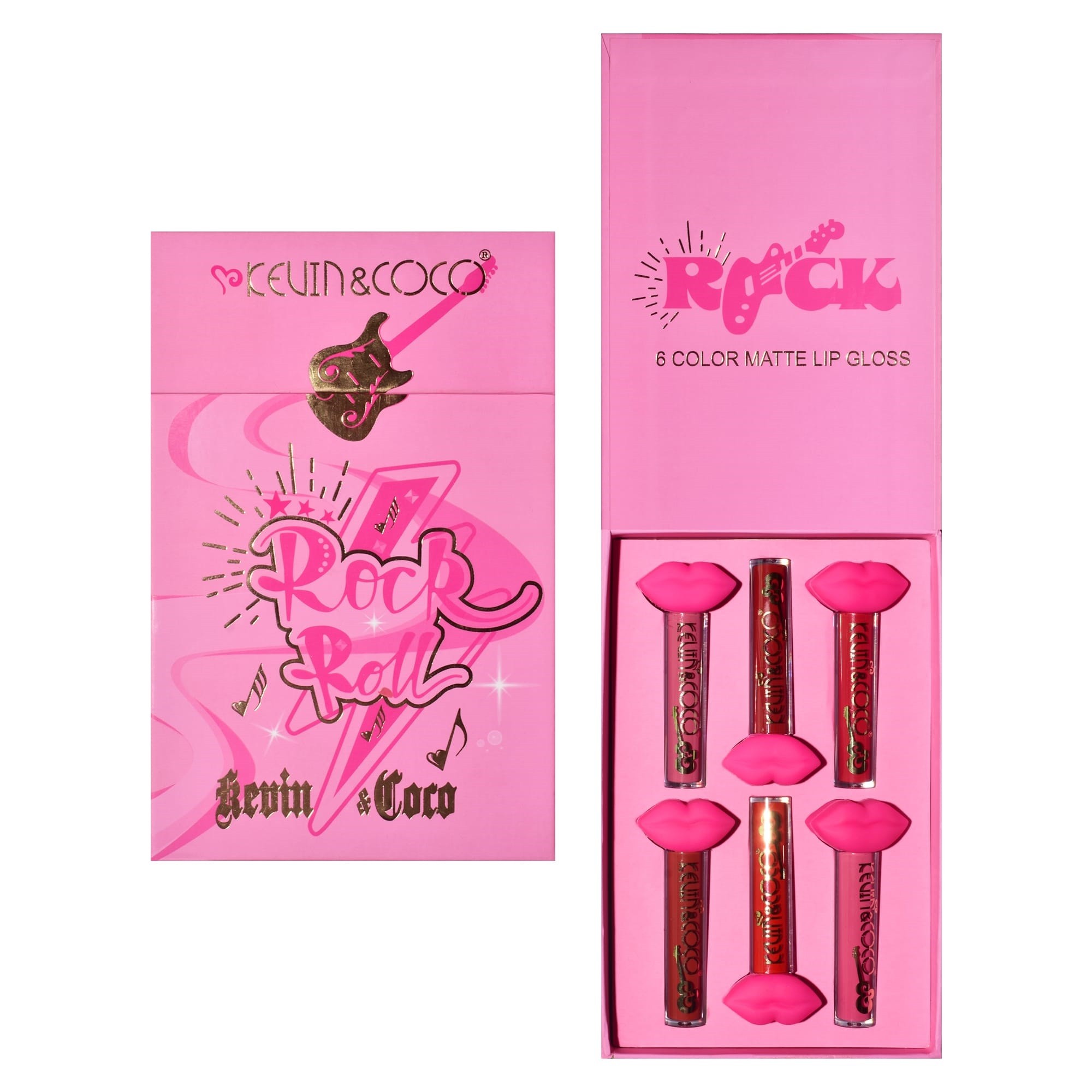 Set de Buze Kevin&Coco Punk Rock, 6 Lip Gloss-uri Mate, Nuanțe Roz și Maro, Ediție Rock Style, 19.3 x 12 cm, Roz