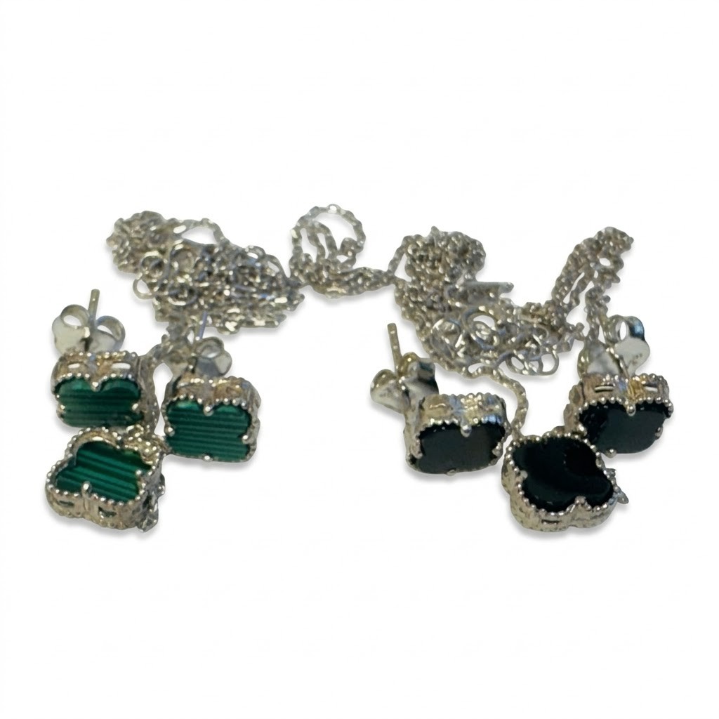 Set din Argint 925 (Colier si Cercei), Jolie Silver, Model Trifoi, 3.5 g, Verde-Negru