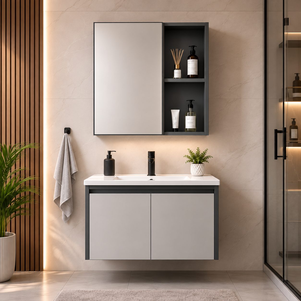 Set Mobilier SIENA pentru Baie ,Dulap Lavoar+Dulap Oglinda 60cm, 2 Piese, Gri si Alb