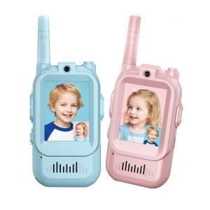Set Walkie Talkie WiFi pentru Copii, Flippy, Set 2 Statii, Apeluri Video, cu Ecran de 2", Efecte Voce, Reincarcabile, Cabluri TYPE-C, Raza pana la 500 m, 12 x 5 x 2 cm, Roz/Albastru