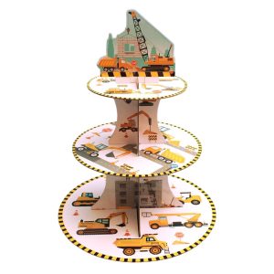 Etajera pentru Prajituri, Flippy, din Carton, 3 Nivele, 16/22/29 cm Diametru, Inaltime 38 cm, Tema Utilaje de Santier, Multicolor