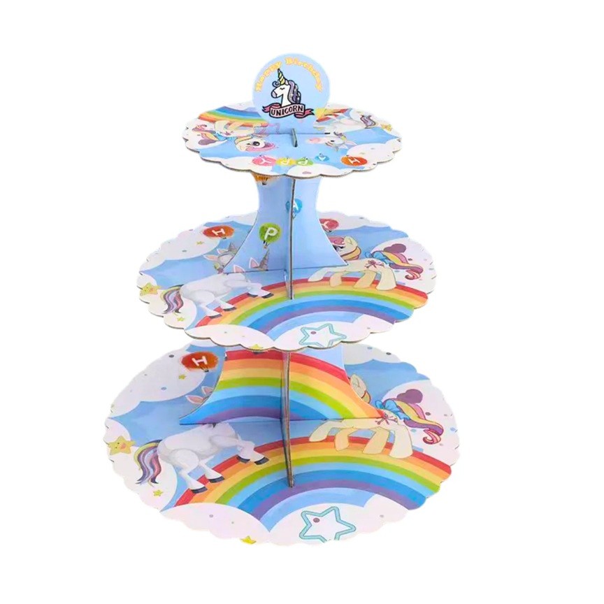 Etajera pentru Prajituri, Flippy, din Carton, 3 Nivele, 16/22/29 cm Diametru, Inaltime 38 cm, Tema Unicorni, Multicolor