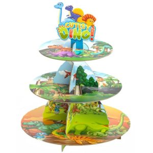 Etajera pentru Prajituri, Flippy, din Carton, 3 Nivele, 16/22/29 cm Diametru, Inaltime 38 cm, Tema Dinozauri Dino, Multicolor