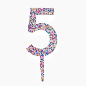 Decoratiune Topper pentru Tort, Flippy, din Acrilic cu Fulgi de Sclipici, Model Cifra 5, Inaltime 18.5 cm, Transparent Multicolor