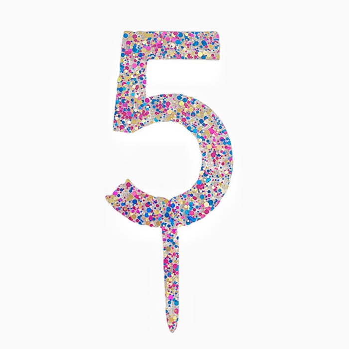 Decoratiune Topper pentru Tort, Flippy, din Acrilic cu Fulgi de Sclipici, Model Cifra 5, Inaltime 18.5 cm, Transparent Multicolor
