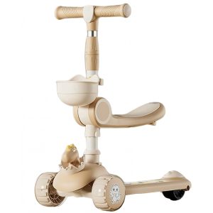 Trotineta Multifunctionala 2 in 1, Flippy, pentru Copii, 1-7 Ani, cu Lumini, Reglabil 360, Pliere Usoara, Reglarea Inaltimii, Model Dinozaur, 67-76 x 24 x 55 cm, Alb/Bej