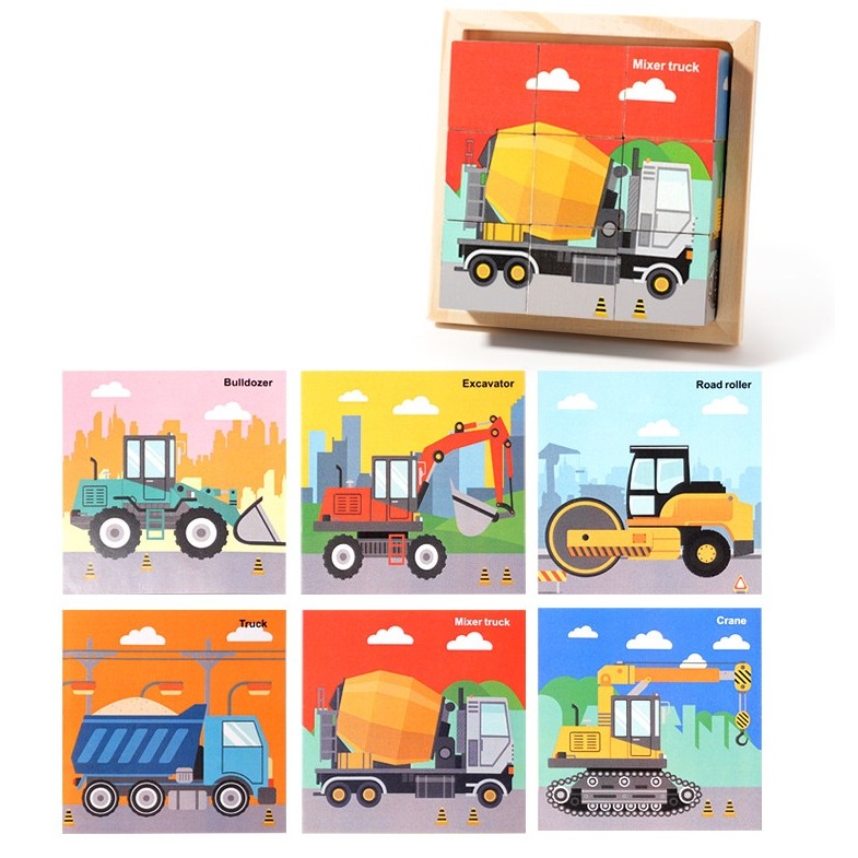 Puzzle din Lemn, Flippy, 9 Cuburi, 6 Fete, 4-6 Ani, 11 x 11 x 3.2 cm, Model Utilaje, Multicolor