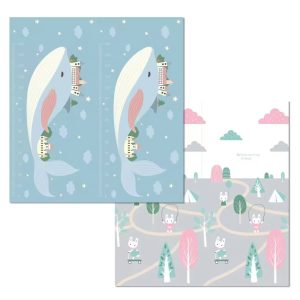 Covoras pentru Copii, Flippy, cu 2 Fete, Model Balene/Iepurasi, din XPE+PE, Impermeabil, Antiderapant, Protectie Termica, +3 Luni, Pliabil, 180 x 200 x 1.5 cm, Multicolor
